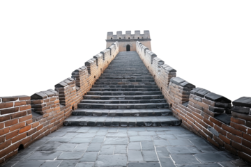 Perspective view of the Great Wall of China stairway leading to a guard tower, isolated on a transparent background.