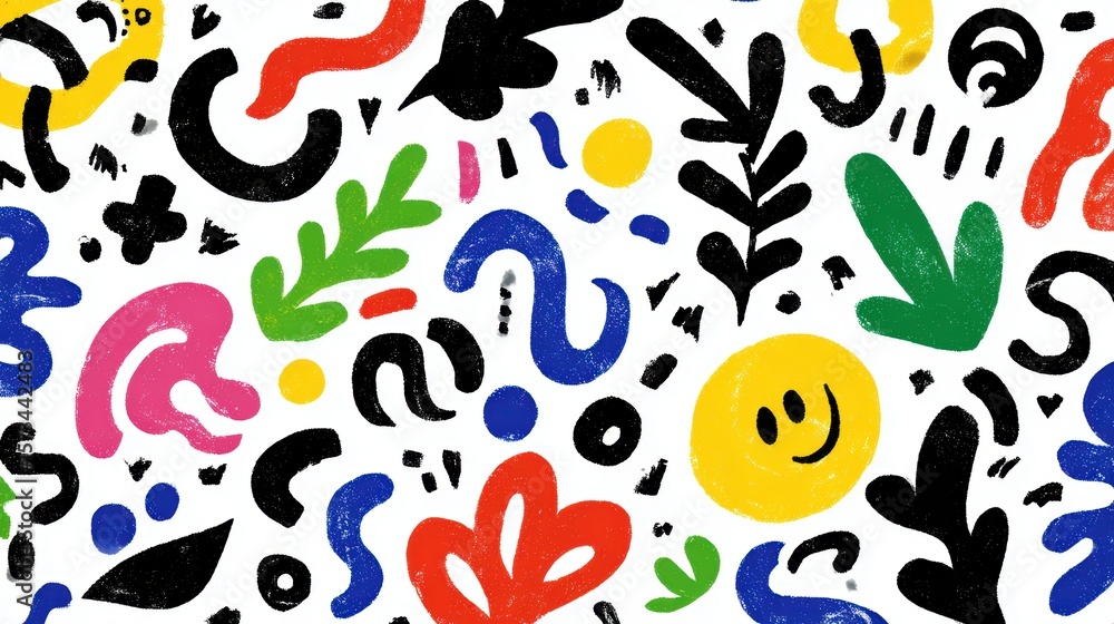 Poster colorful hand sketched abstract pattern featuring cheerful smiley faces, wavy lines, creating modern