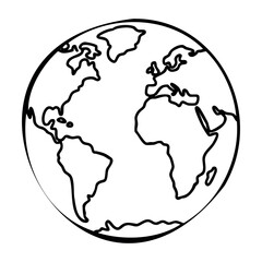 Black and white outline of earth showing continents and oceans. Vector hand-drawn doodle illustration