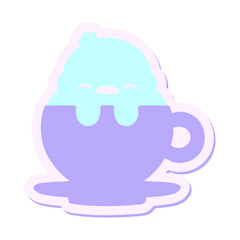 cute baby bird in tea cup sticker in bright neon color