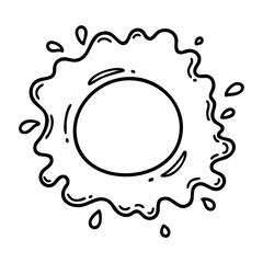 Simple black and white line drawing of an ink splash with drops. Vector hand-drawn doodle illustration