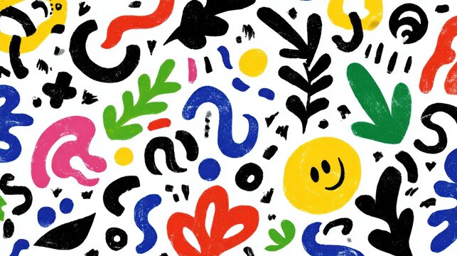 Colorful hand sketched abstract pattern featuring cheerful smiley faces, wavy lines, creating modern textured design with playful geometric elements