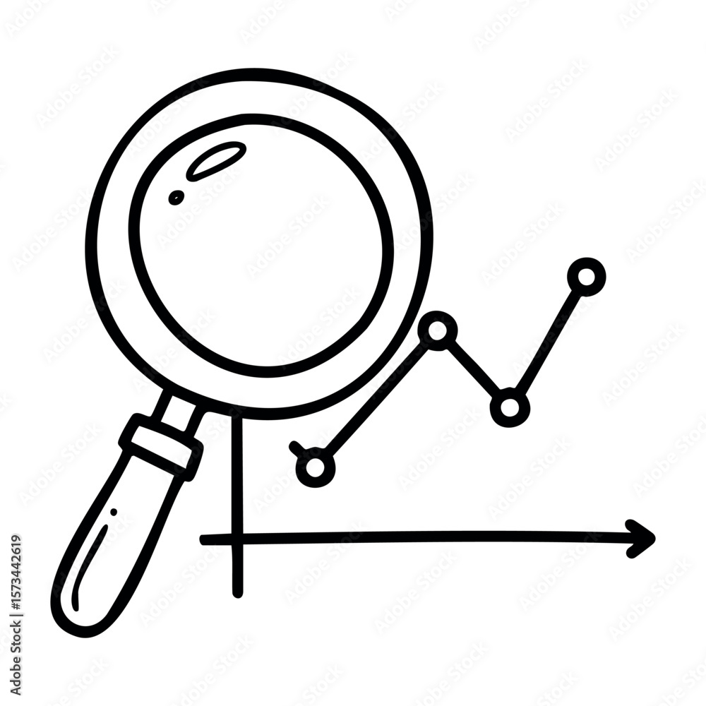 Aufkleber magnifying glass analyzing line chart with data points. vector hand-drawn doodle illustration