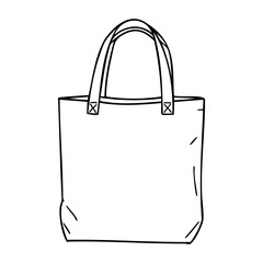 Simple line drawing of a plain tote bag with handles. Vector hand-drawn doodle illustration