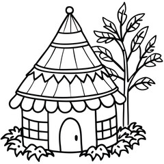 Rural hut with tree and other element kids coloring page