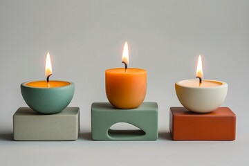 Three small candles in minimalist ceramic holders placed on geometric blocks.