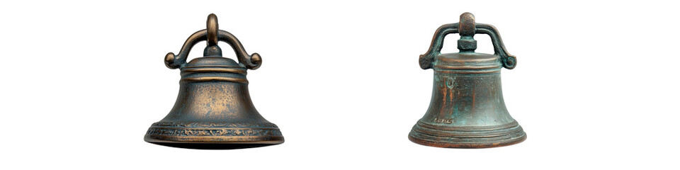 A set two antique bronze bells with patina and detailed handles, transparent background.