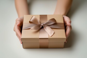 Close-up of hands offering a gift box with a satin ribbon on neutral background.