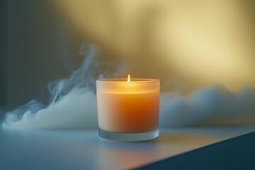 Lit candle in a frosted glass jar surrounded by soft smoke in moody light.