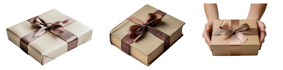 A set of gift packages wrapped with brown ribbons, including book and box forms, transparent background.