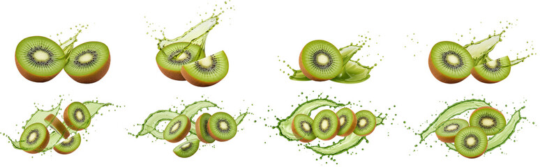 Kiwi slices with splashes of juice on transparent background  
