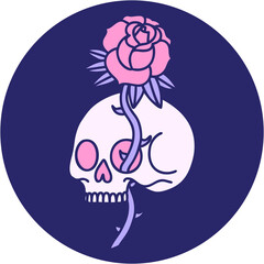 iconic tattoo style image of a skull and rose in bright neon color