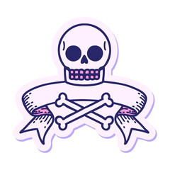 tattoo style sticker with banner of a skull in bright neon color