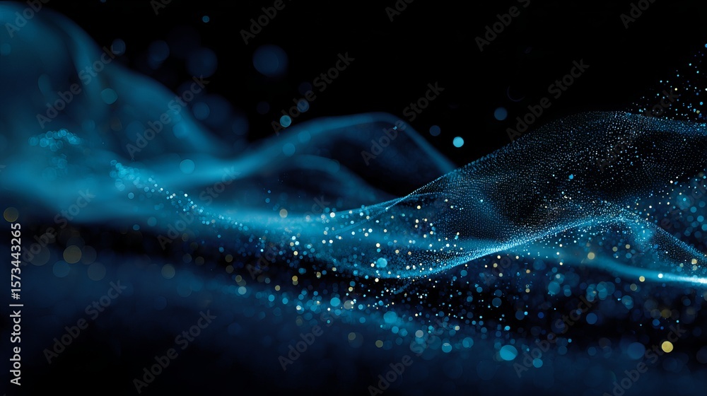 Poster elegant, dynamic digital particle wave in shades of blue and gold against a dark background creating