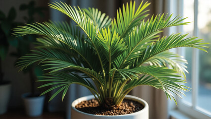 A Tall Potted Palm Plant with Large Fan Shaped Green Leaves Isolated on Transparent Background