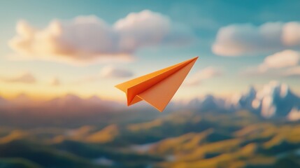 Orange paper airplane gliding over lush green hills and majestic mountains with snowy peaks