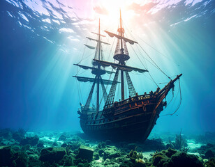 Fototapeta premium Sunlit Underwater Wreck of a Historic Galleon