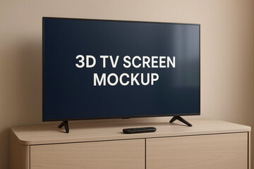 3D TV screen mockup displayed on wooden cabinet in modern living room  