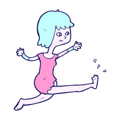 cartoon happy woman kicking in bright neon color