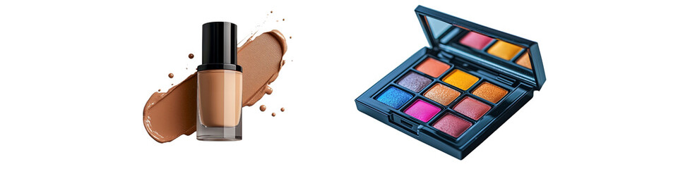 A set of foundation bottle and colorful eyeshadow palette – transparent background.