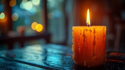 Burning orange candle drips wax on dark, reflective surface