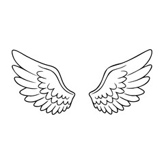 Fototapeta premium Line art of stylized angel wings with outspread feathers. Vector hand-drawn doodle illustration