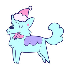 hand drawn line drawing of a happy dog wearing santa hat in bright neon color