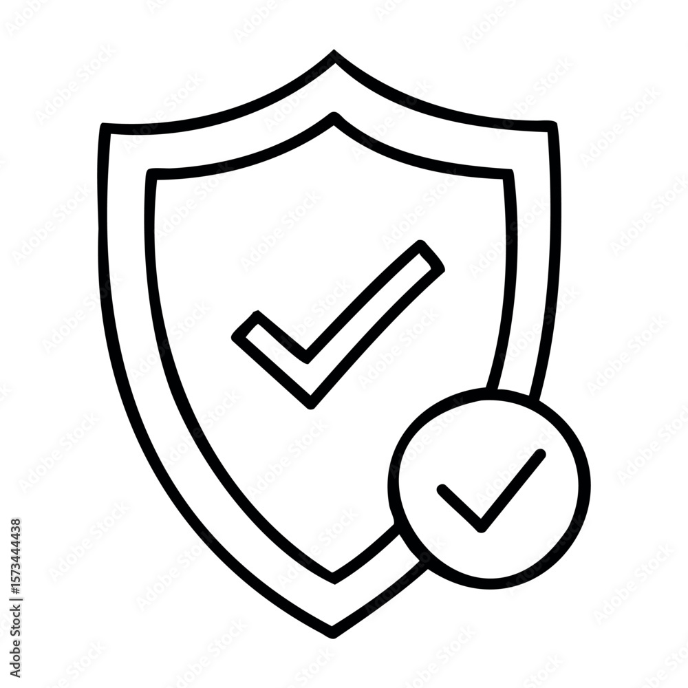 Poster shield with checkmark symbolizing security and verification. vector hand-drawn doodle illustration