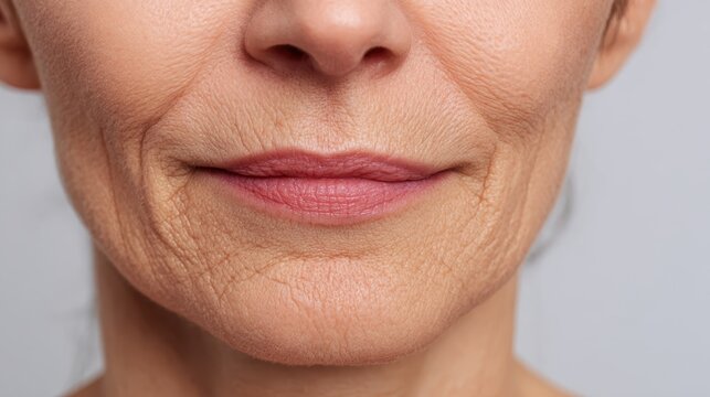 Senior woman displaying wrinkled facial skin, showcasing natural aging with fine lines and deepening skin creases around mouth area
