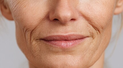 Facial lines revealing mature woman's skin texture, highlighting natural aging process and importance of embracing personal beauty through dedicated skincare routine