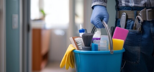 Man Carrying Cleaning Supplies and Toolbox Indoors

