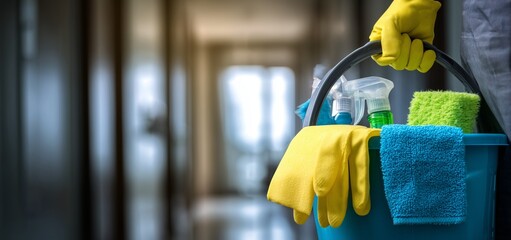 Man Carrying Cleaning Supplies and Toolbox Indoors

