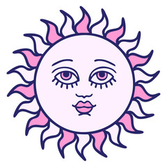 tattoo in traditional style of a sun with face in bright neon color