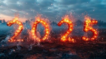 Fiery 2025. Year number bursts into flames across a dark landscape under a cloudy sky