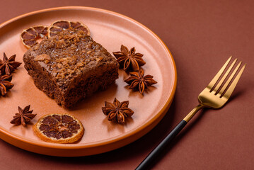 Chocolate brownie cake, food, sweet dessert with nuts rectangular shape. Sweet chocolate brownie