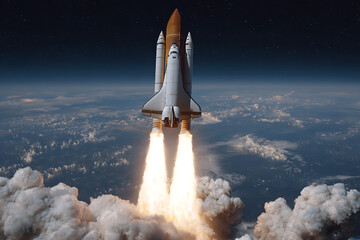 Space Shuttle Ascending Through Earth's Atmosphere Powerful Rocket Engines Ignite Bright Orange Flames White Clouds Surround the Vehicle