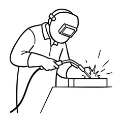 Male welder working with protective gear and welding torch in action. Vector hand-drawn doodle illustration