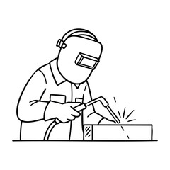 Obraz premium Line art of welder working with protective gear and equipment. Vector hand-drawn doodle illustration