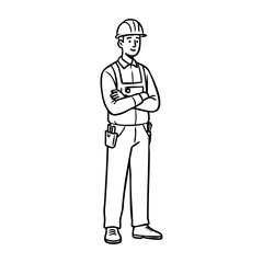 Smiling young caucasian male construction worker wearing safety helmet and overalls. Vector hand-drawn doodle illustration