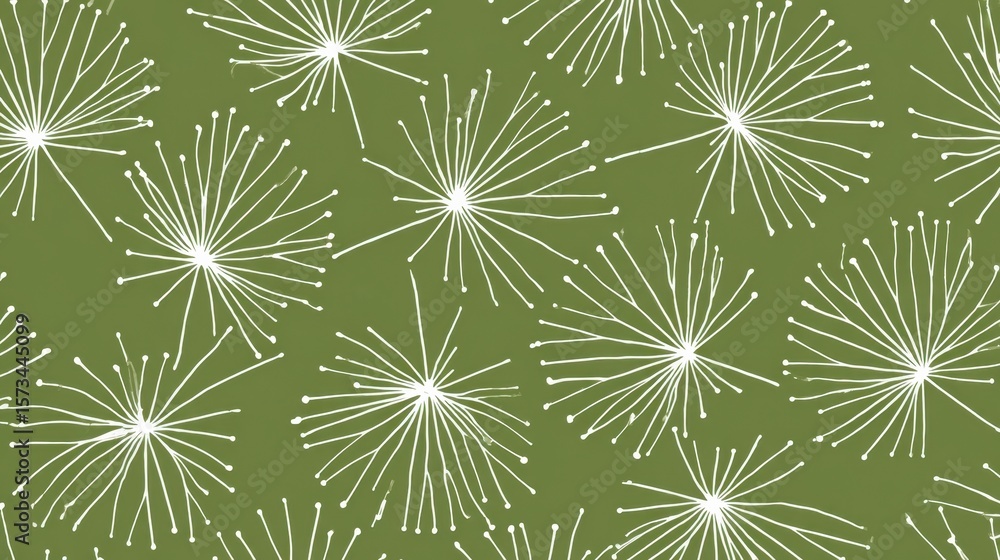 Poster delicate white dandelion flowers creating seamless pattern over verdant green backdrop, providing el