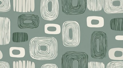 Geometric mid century pattern with rounded rectangles, organic shapes, hand drawn texture in soft green and cream palette, embodying retro design aesthetic