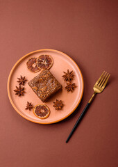 Chocolate brownie cake, food, sweet dessert with nuts rectangular shape. Sweet chocolate brownie