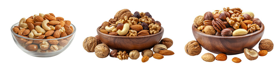 A set of bowls of mixed nuts including cashews, almonds, walnuts, and hazelnuts, isolated on a transparent background.