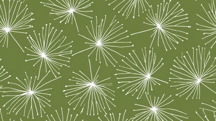 Delicate white dandelion flowers creating seamless pattern over verdant green backdrop, providing elegant botanical motif for textile design and decorative applications