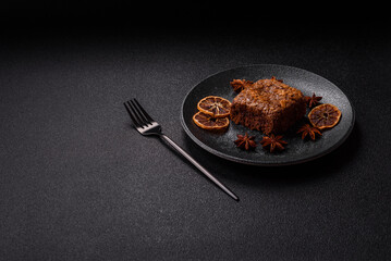 Chocolate brownie cake, food, sweet dessert with nuts rectangular shape. Sweet chocolate brownie