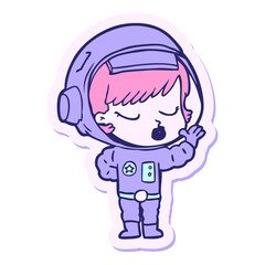 sticker of a cartoon pretty astronaut girl in bright neon color