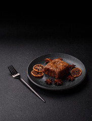 Chocolate brownie cake, food, sweet dessert with nuts rectangular shape. Sweet chocolate brownie