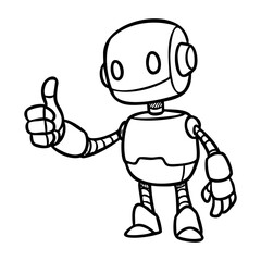 Obraz premium Cheerful cartoon robot giving thumbs up with a smiling expression. Vector hand-drawn doodle illustration