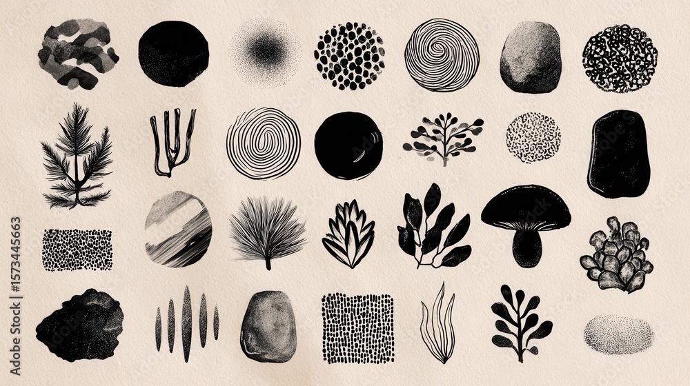 Poster hand drawn botanical illustrations and abstract shapes create a visually engaging collection, blendi