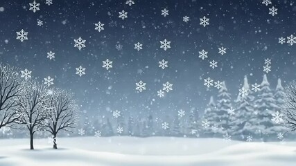 A winter landscape glows with falling snow Bare trees stand in a snowy field against a backdrop of dark evergreens and a gradient blue sky - Powered by Adobe